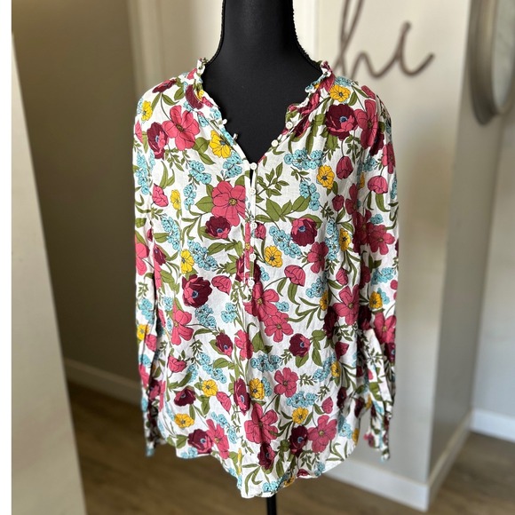 Talbots Tops - Talbots Floral Print Button Front Ruffle Neck Long Sleeve Blouse Large Petite